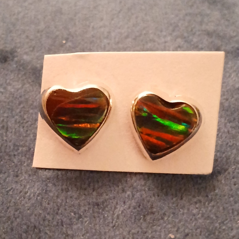 Heart-Shaped Silver Earrings with Multicolor Opal Inlay